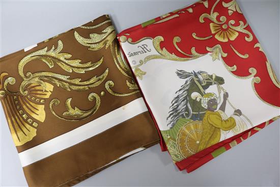 Two Hermes, Paris Cheval Turc silk scarves, designed by Christiane Vauzelles, 1969, red/gold and brown/gold colourways,